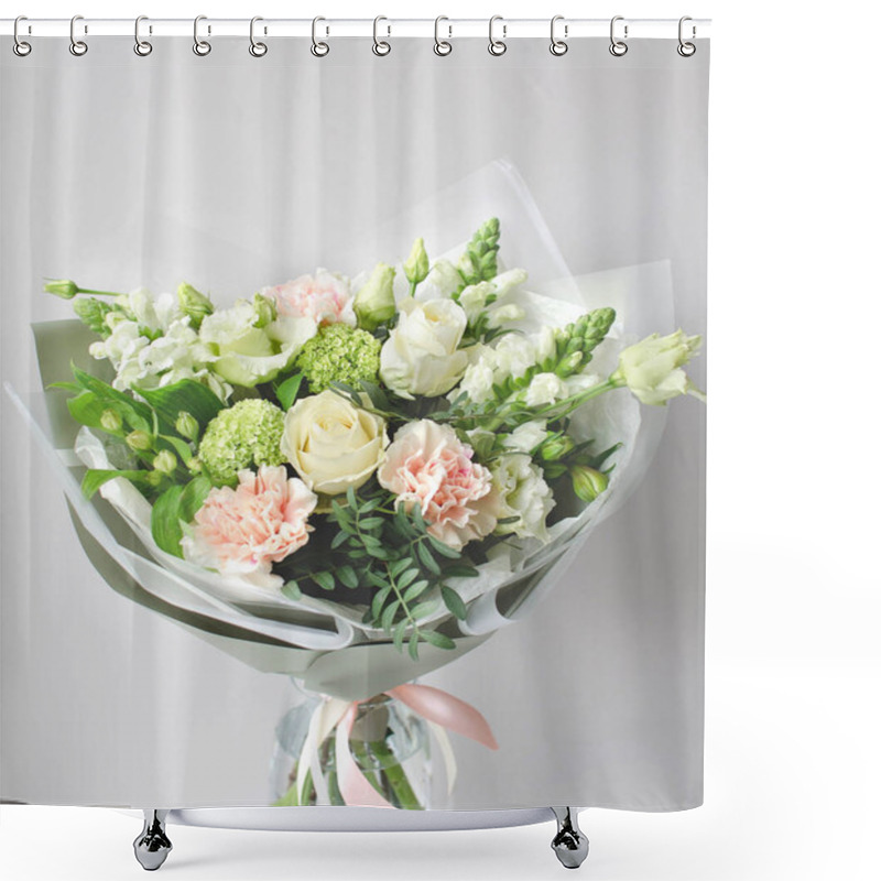 Personality  Author's Beautiful Light Bouquet On A Light Background. Flowers And Greens. Dianthus Apple Tea, Roses, Viburnum, Snapdragon, Eustoma, Alstroemeria. Shower Curtains