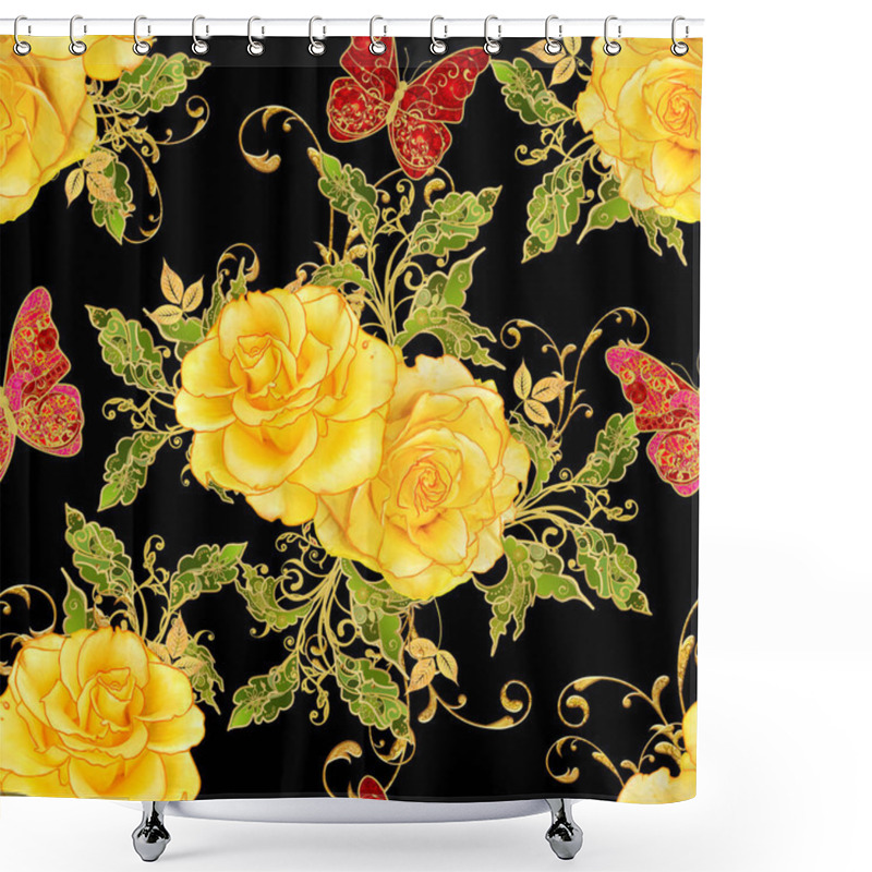 Personality  Seamless Pattern. Vertical Border. Golden Textured Curls. Brilliant Lace, Stylized Flowers, Yellow Rose. Openwork Weaving Delicate, Golden Background, Paisley, Jeweler's Butterfly. Shower Curtains