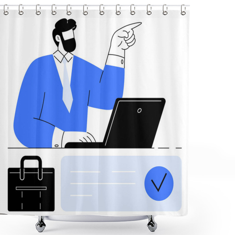 Personality  Man In Blue Suit Pointing While Working On Laptop With Briefcase And Check Mark. Ideal For Business, Office, Leadership, Decision-making, Project Management, Work Efficiency, Goal Setting. Line Shower Curtains