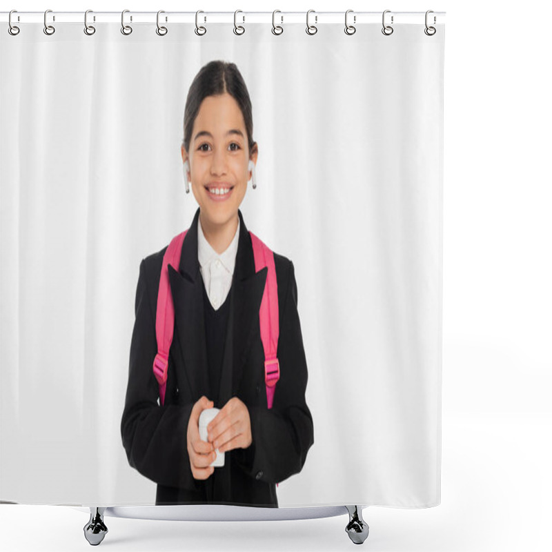 Personality  Smiling Schoolgirl In Uniform Holding Case And Wearing Wireless Earphones Isolated On White, Joy Shower Curtains