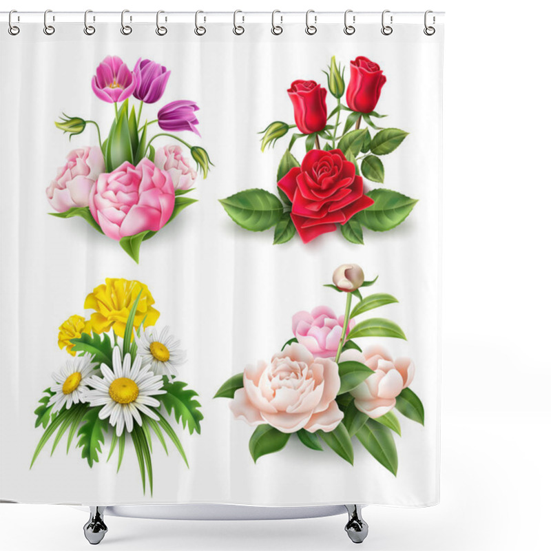 Personality  Vector Realistic Rose Tulip Daisy Peony Bouquet Shower Curtains