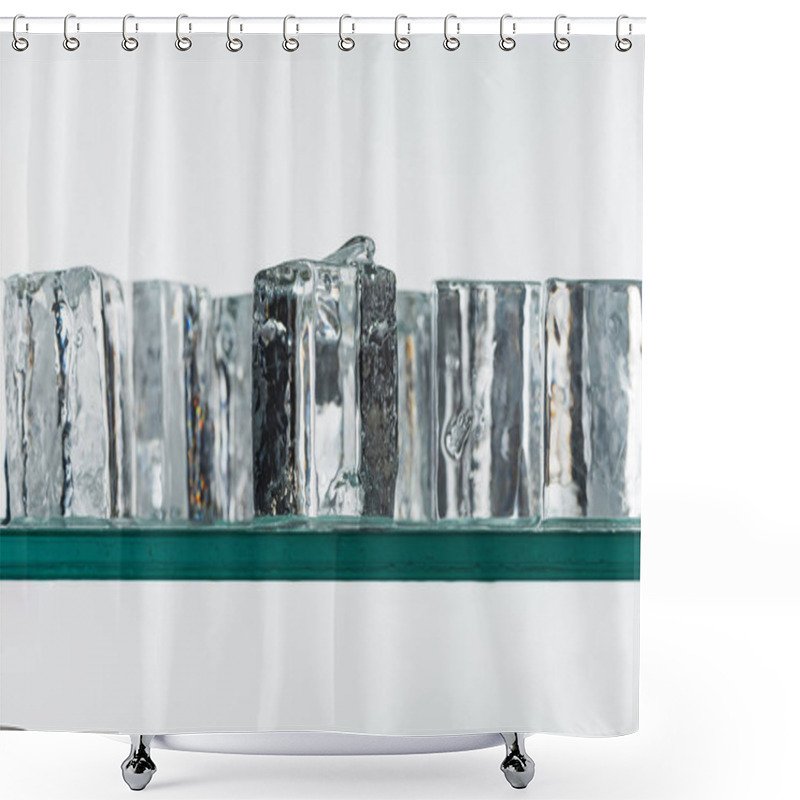 Personality  Selective Focus Of Transparent Clear Square Ice Cubes In Line Isolated On White Shower Curtains