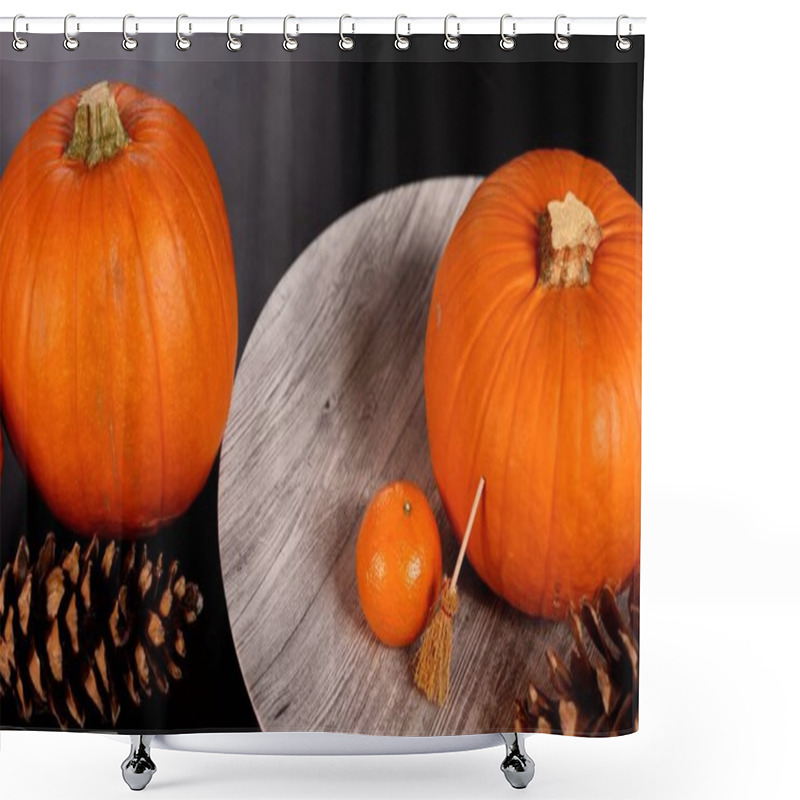 Personality  Pumpkins, Broom, Orange, Pinecones Evoke Indoor Halloween Festive Setting. Rustic Fall Elements Embrace Warm Seasonal Spirit, Capturing Natural Colors, Cozy Decor, Ideal For Autumn Gatherings. Shower Curtains