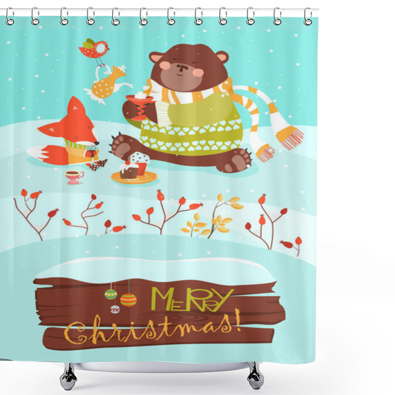 Personality  Cute Bear And Little Fox Celebrating Christmas Shower Curtains