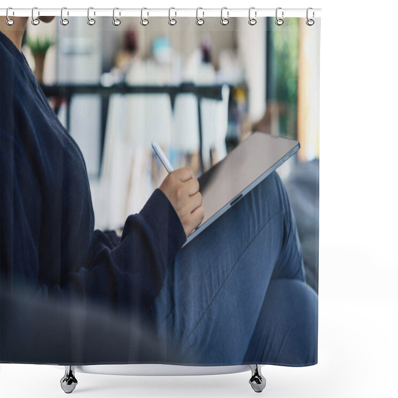 Personality  Woman Using A Stylus Pen On A Digital Tablet At Home Shower Curtains