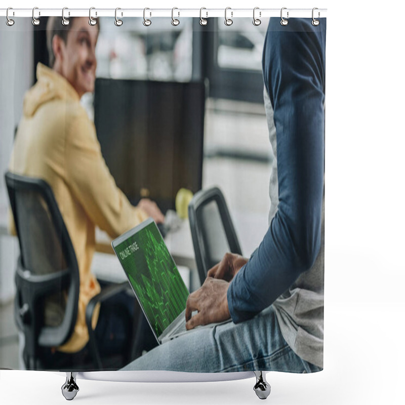 Personality  Cropped View Of African American Programmer Sitting At Table And Holding Laptop With Online Trade On Screen Near Multicultural Colleague Shower Curtains