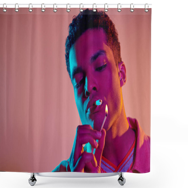 Personality  African American Guy Lighting A Cigarette With Match Under Blue Neon Lights On Pink Background Shower Curtains