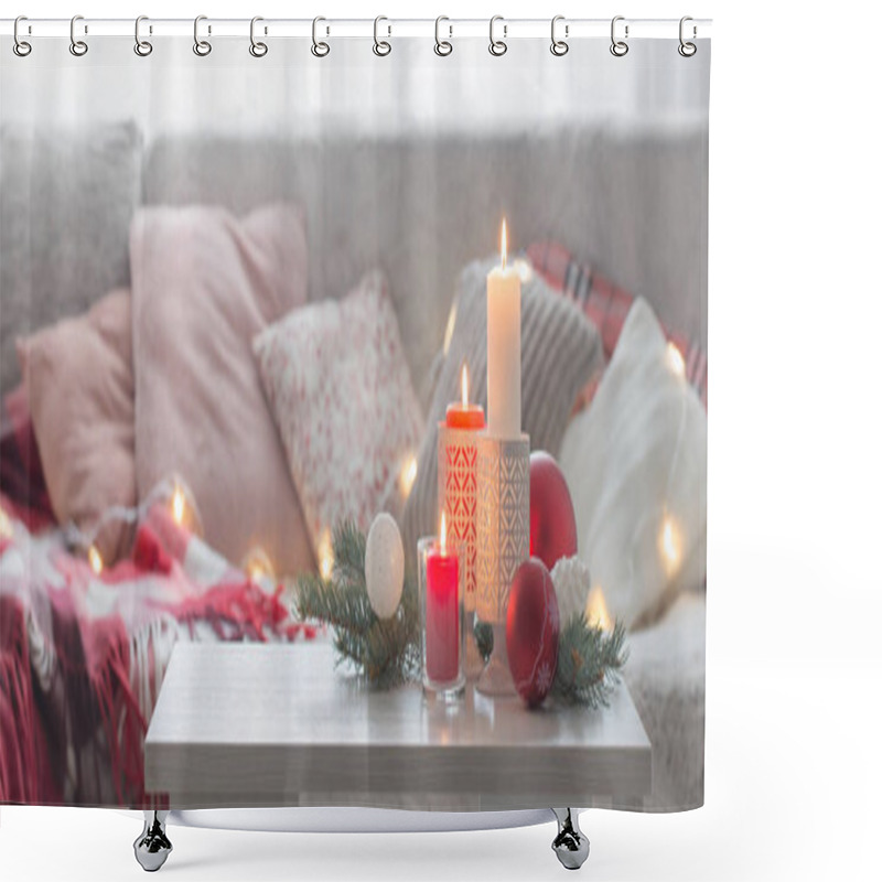 Personality  Christmas Decora With Candles And Balls On White Table Indoor  Shower Curtains