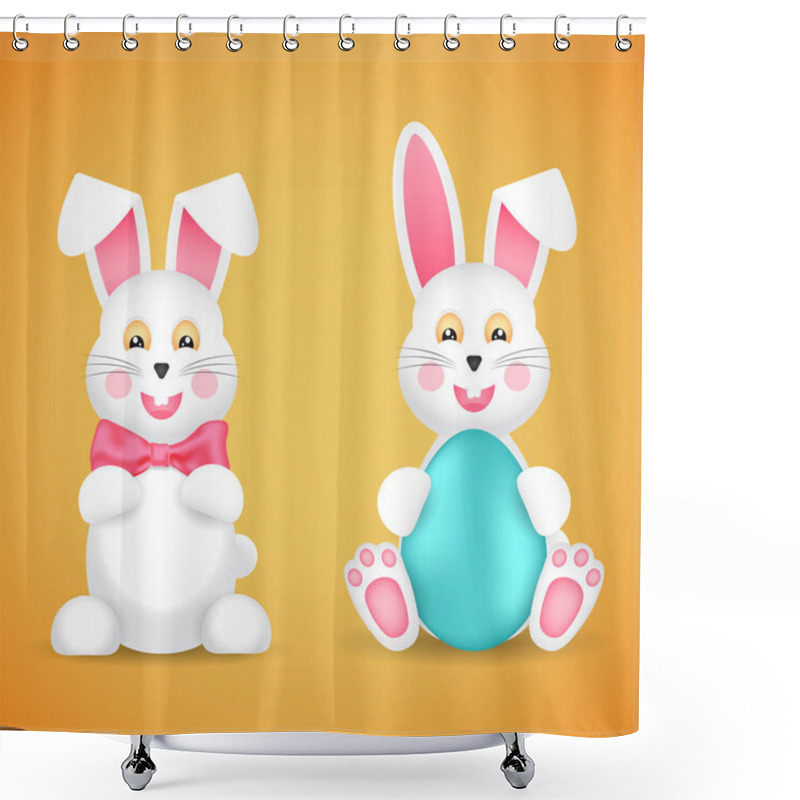 Personality  Two Funny Easter Bunnies With A Bow And Egg. Shower Curtains