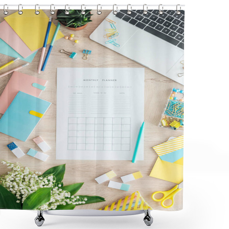 Personality  Top View Of Monthly Planner, Stationery, Flowers And Laptop On Wooden Table Shower Curtains