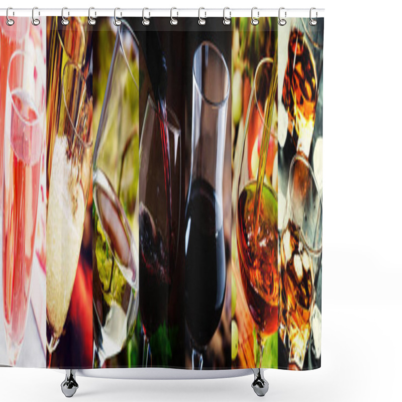 Personality  Collage, Drinks From Mild To Strong. Champagne, Wine, Liquor, Cognac, Whiskey. Close-up. Shower Curtains