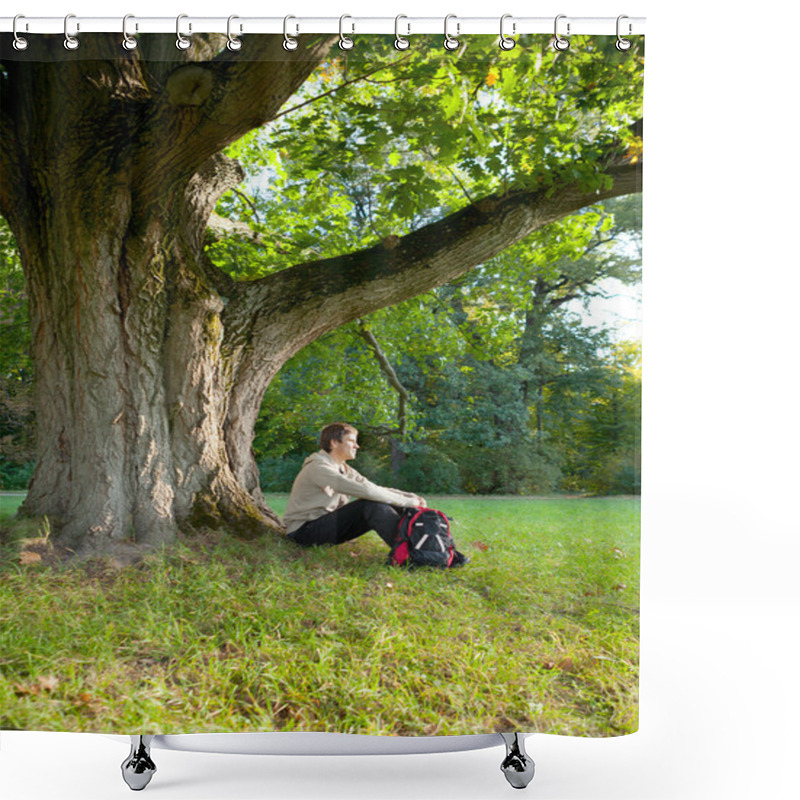 Personality  Man Is Sitting Resting Under A Large Old Oak Tree Shower Curtains