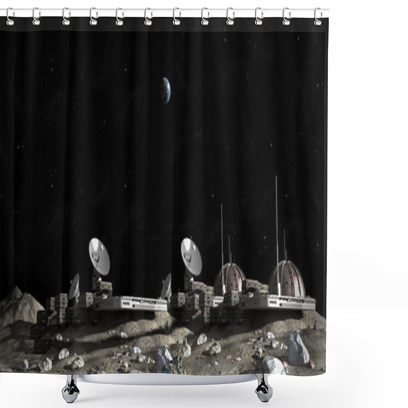 Personality  3D Illustration Of A Lunar Base Settlement With Dome Structures, Communication Satellite Dishes, Container Modules, And Observation Decks, For Space Exploration And Science Fiction Backgrounds. Shower Curtains