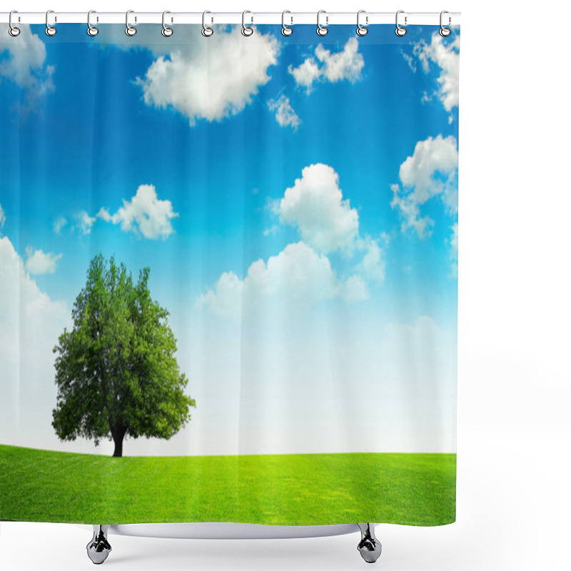 Personality  Green Grass Field And Blue Sky Background Shower Curtains