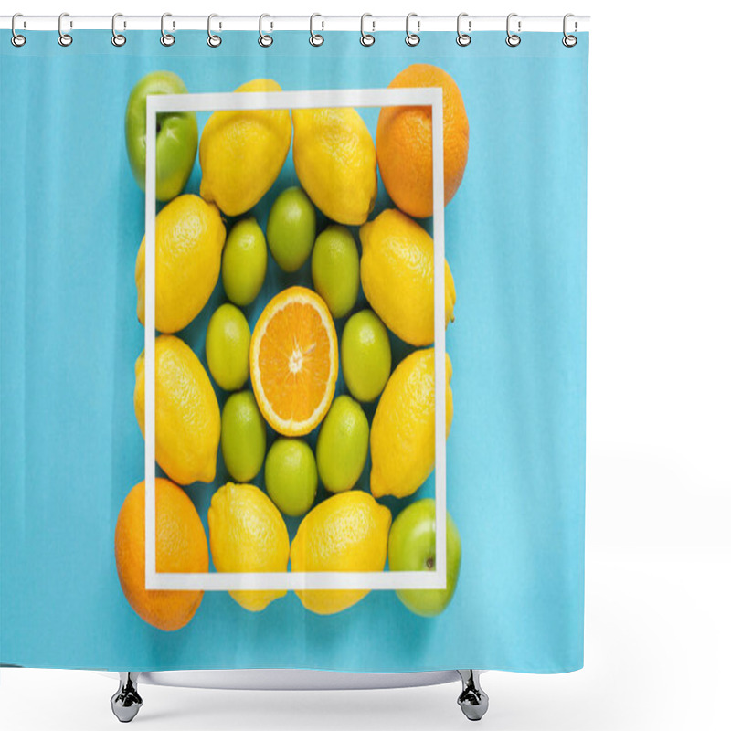 Personality  Top View Of Fresh Fruits And Square Frame On Blue Background Shower Curtains