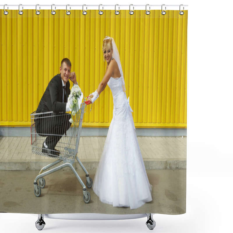 Personality  Bride And Groom Playing With A Basket Of Supermarket Shower Curtains