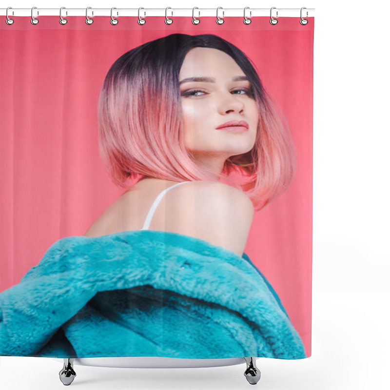 Personality  Sensual Girl With Pink Hair Posing In Blue Fur Coat, Isolated On Pink Shower Curtains