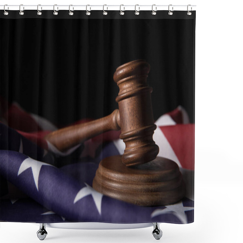 Personality  Wooden Brown Gavel On American Flag Isolated On Black Shower Curtains