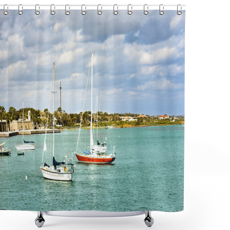 Personality  St. Augustine, Florida. January 26 , 2019. Sailboats On Light Green Sea And Partial View Of Castillo De San Marcos Fort In Florida's Historic Coast Shower Curtains