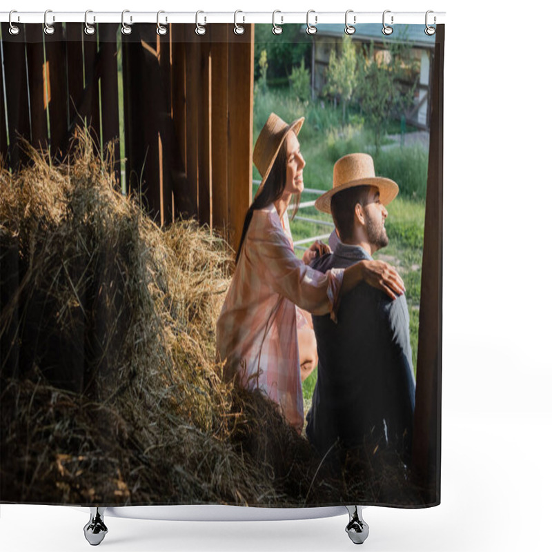 Personality  Happy Woman In Straw Hat Hugging Shoulders Of Husband While Sitting On Haystack In Barn Shower Curtains