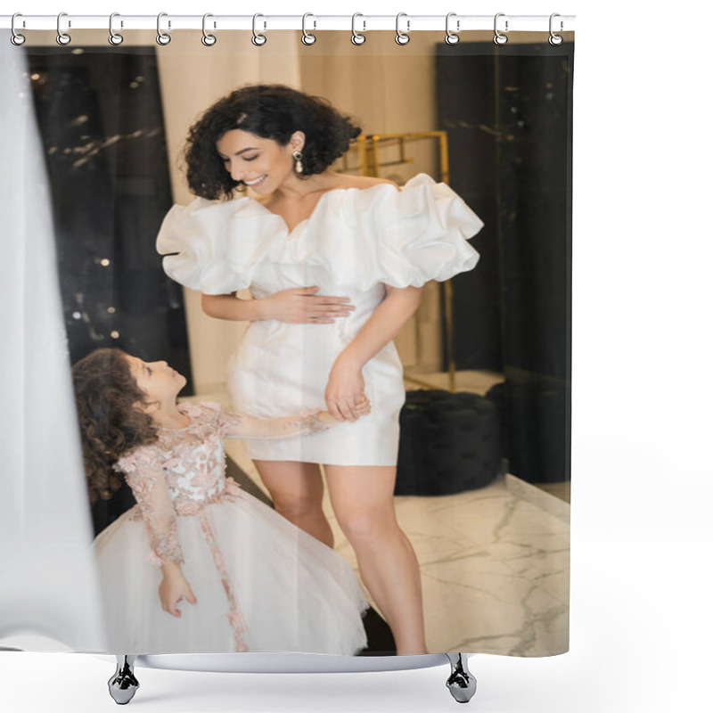 Personality  Happy And Cute Middle Eastern Little Girl In Floral Attire Looking At Bride With Wavy Hair Standing In Trendy Wedding Dress With Puff Sleeves And Ruffles In Bridal Boutique, Mother And Daughter  Shower Curtains