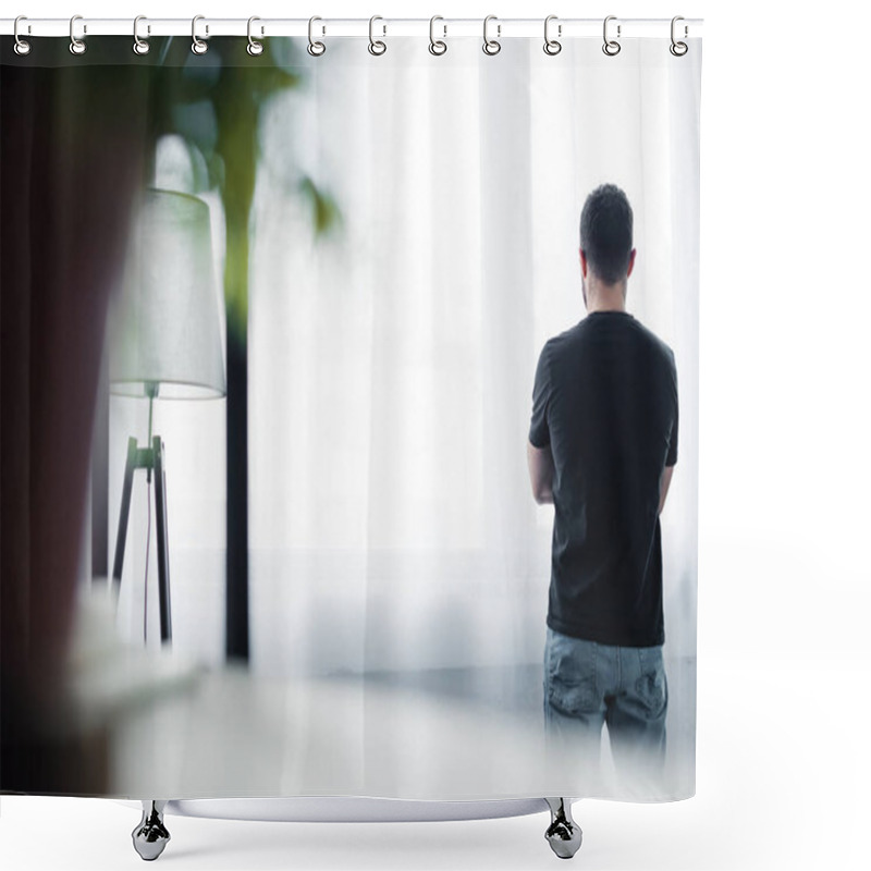 Personality  Selective Focus Of Short Haired Man In Black T-shirt Standing By Window At Home Shower Curtains