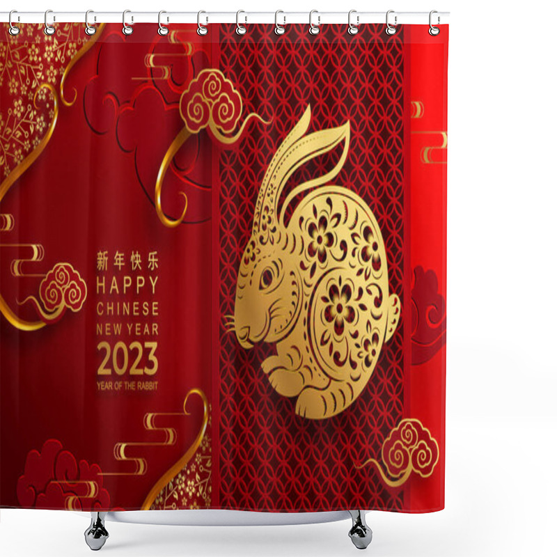 Personality  Happy Chinese New Year 2023 Year Of The Rabbit Zodiac Sign With Flower,lantern,asian Elements Gold Paper Cut Style On Color Background. (Translation : Happy New Year) Shower Curtains