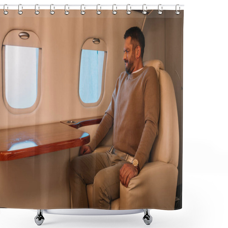 Personality  Scared Man With Closed Eyes Sitting In Private Jet  Shower Curtains