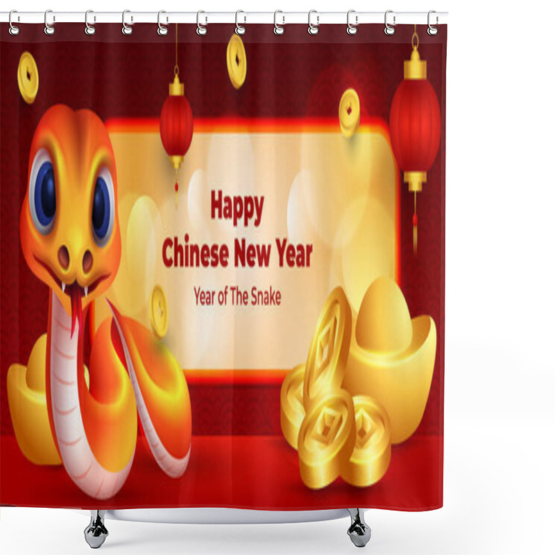 Personality  Chinese New Year Of The Snake Banner With Cute Snake Character, Gold Ingot And Coins Shower Curtains