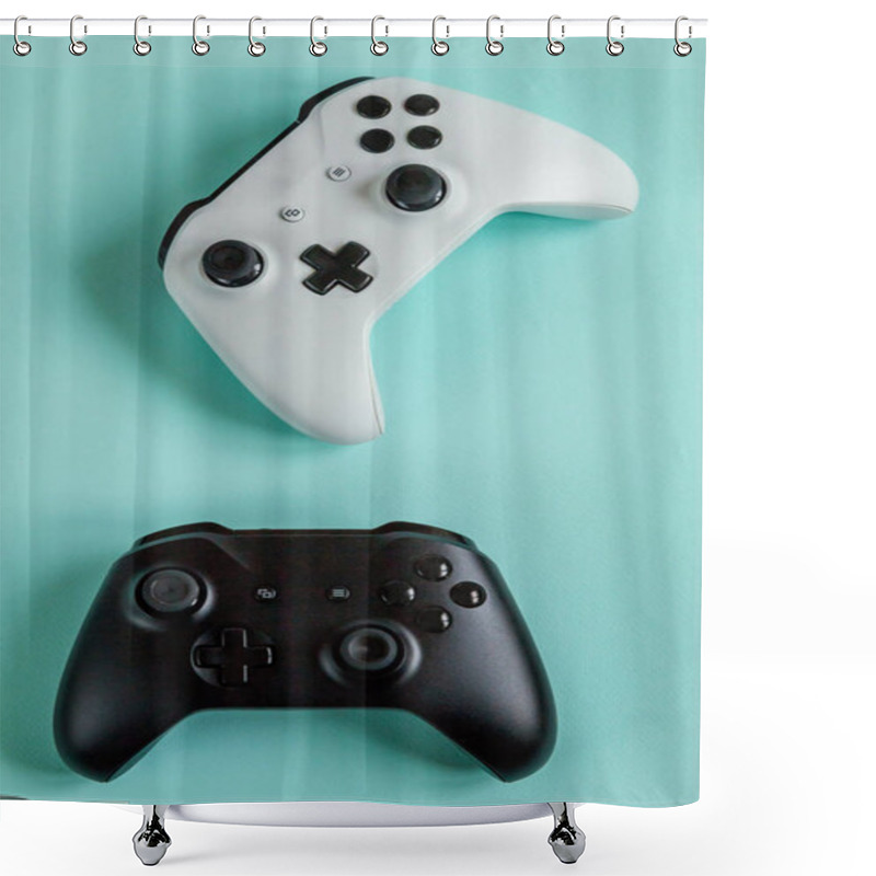 Personality  White And Black Two Joystick Gamepad, Game Console Isolated On Pastel Blue Colourful Trendy Background. Computer Gaming Competition Videogame Control Confrontation Concept. Cyberspace Symbol Shower Curtains