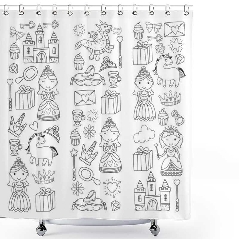 Personality  Set Of Doodle Princess And Fantasy Icon And And Design Element For Invitation And Greeting Card. Kids Drawing. Kindergarten, Preschool, School Pattern Shower Curtains