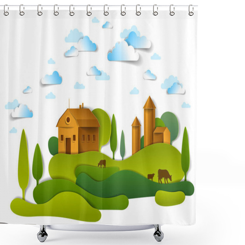 Personality  Farm In Scenic Landscape, Vector Illustration In Paper Cut Style.   Shower Curtains