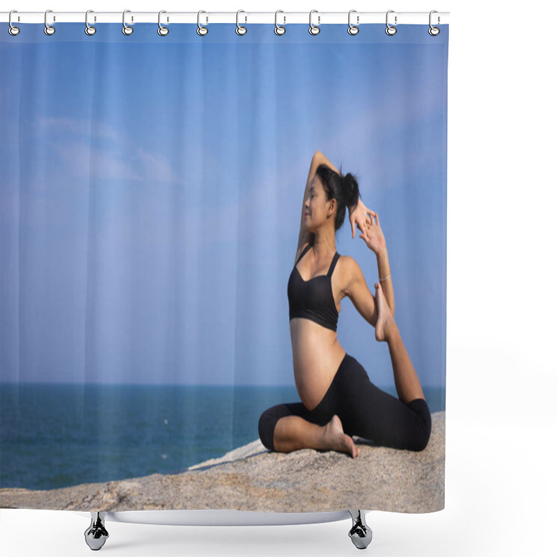 Personality   Asian Pregnant Woman Yoga On The Beach Sunset Summer Time  Shower Curtains