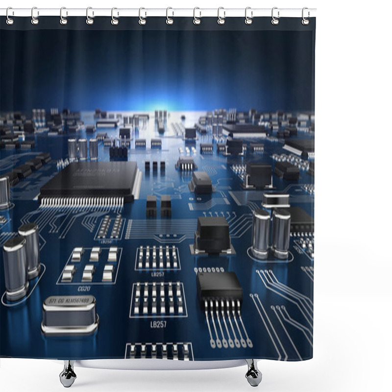 Personality  High Tech Electronic PCB (Printed Circuit Board) With Processor And Microchips. 3d Illustration Shower Curtains