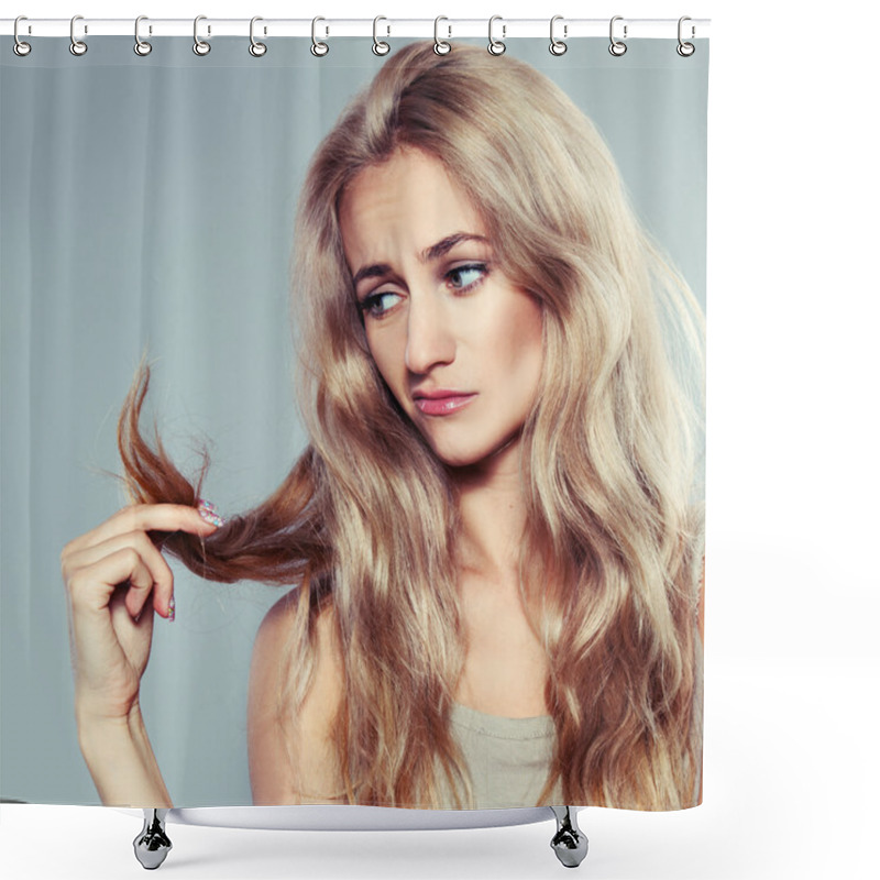 Personality  Young Woman Looking At Split Ends Shower Curtains