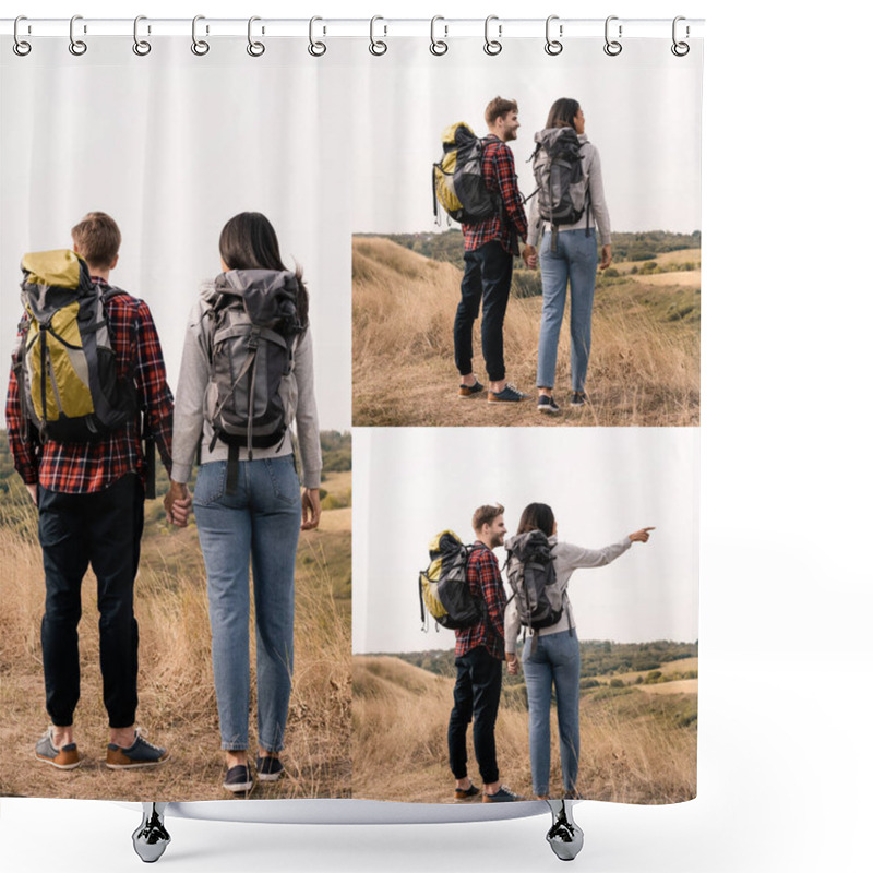 Personality  Collage Of Interracial Hikers With Backpacks Holding Hands On Lawn   Shower Curtains