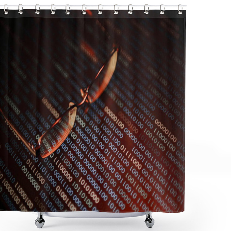 Personality  Computer Hacker. Red Dangerous Code Breach Into Red Binary Code With Glasses Place Over Led Panel. Virus, Cyber Threat And Computer Internet System Failure Concepts. Shower Curtains