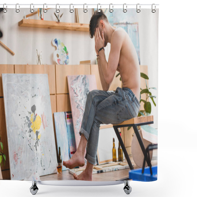 Personality  Exhausted Artist Sitting On Chair In Painting Studio And Holding Hands On Head Shower Curtains