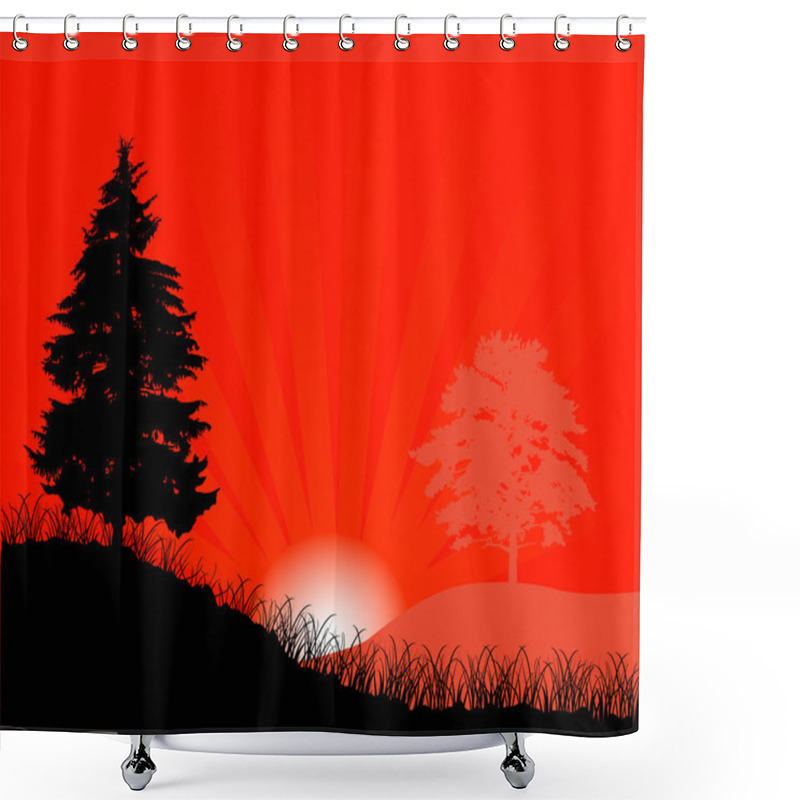 Personality  Fir At Red Sunset Shower Curtains