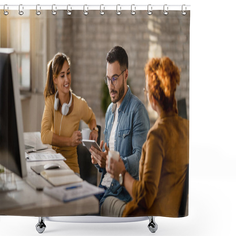 Personality  Team Of Young Entrepreneurs Having A Business Meeting In The Office. Focus Is On Businessman Using Digital Tablet.  Shower Curtains