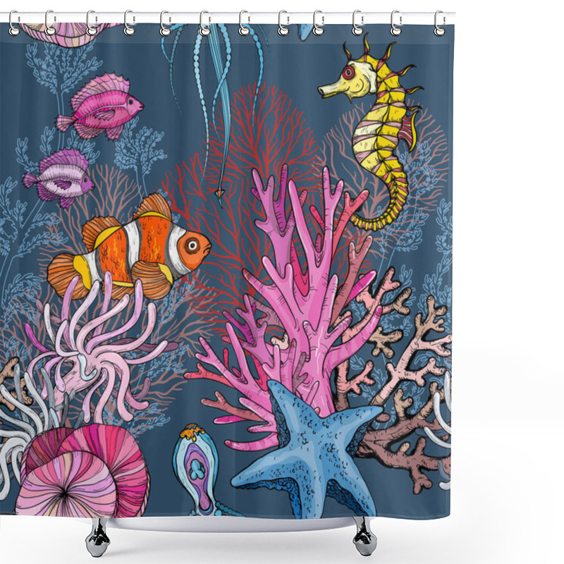 Personality  Seamless Pattern With Ocean Marine Life, Clown Fish In Anemones Shower Curtains