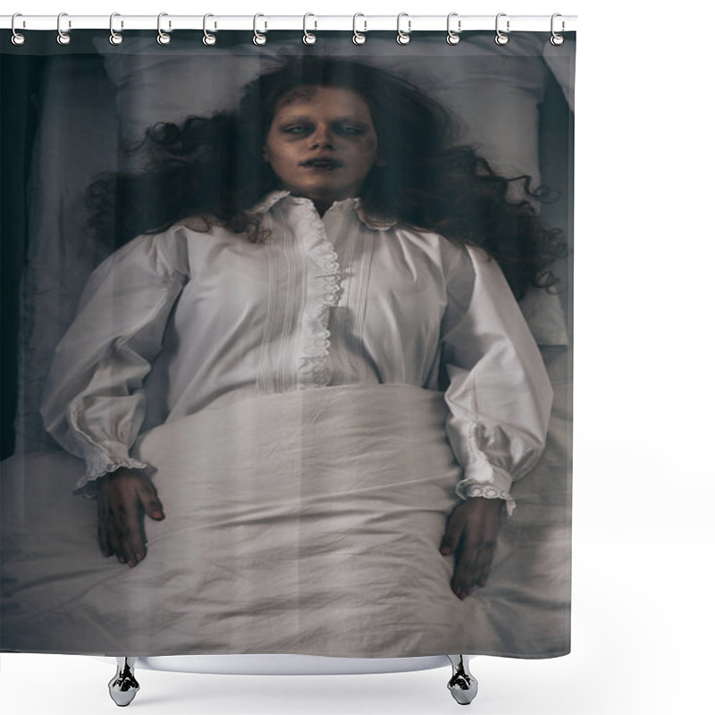 Personality  Top View Of Creepy Young Woman In Nightgown Lying In Bed Shower Curtains