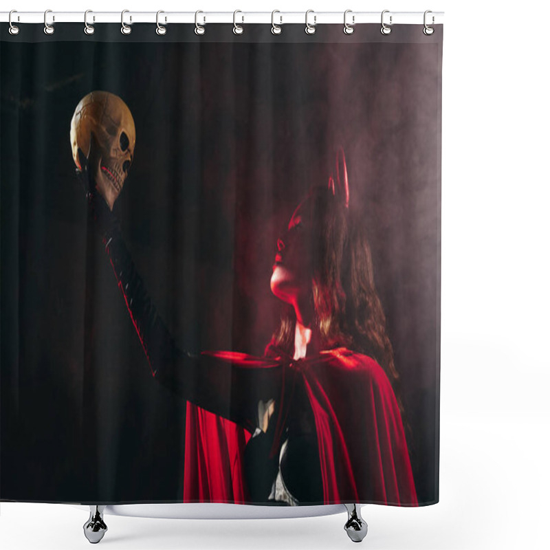 Personality  A Captivating Woman In A Halloween Costume Raises A Skull Amidst A Foggy, Dramatic Setting. Shower Curtains