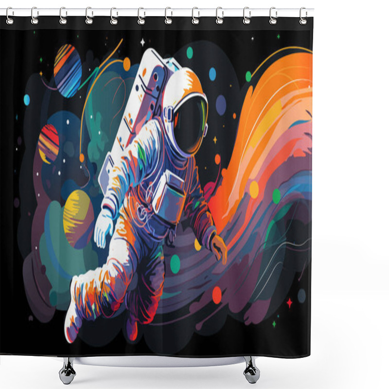 Personality  Astronaut Explores Space Being Desert Planet. Astronaut Space Suit Performing Extra Cosmic Activity Space Against Stars And Planets Background. Human Space Flight. Modern Vector Illustration Shower Curtains