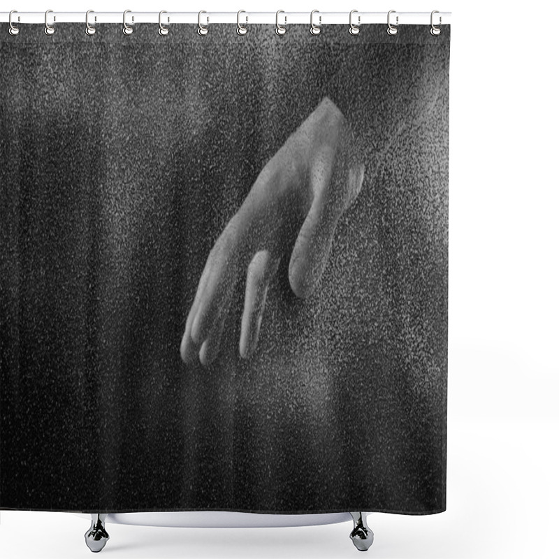 Personality  Cropped Shot Of Person Showing Hand Through Frosted Glass In Darkness  Shower Curtains