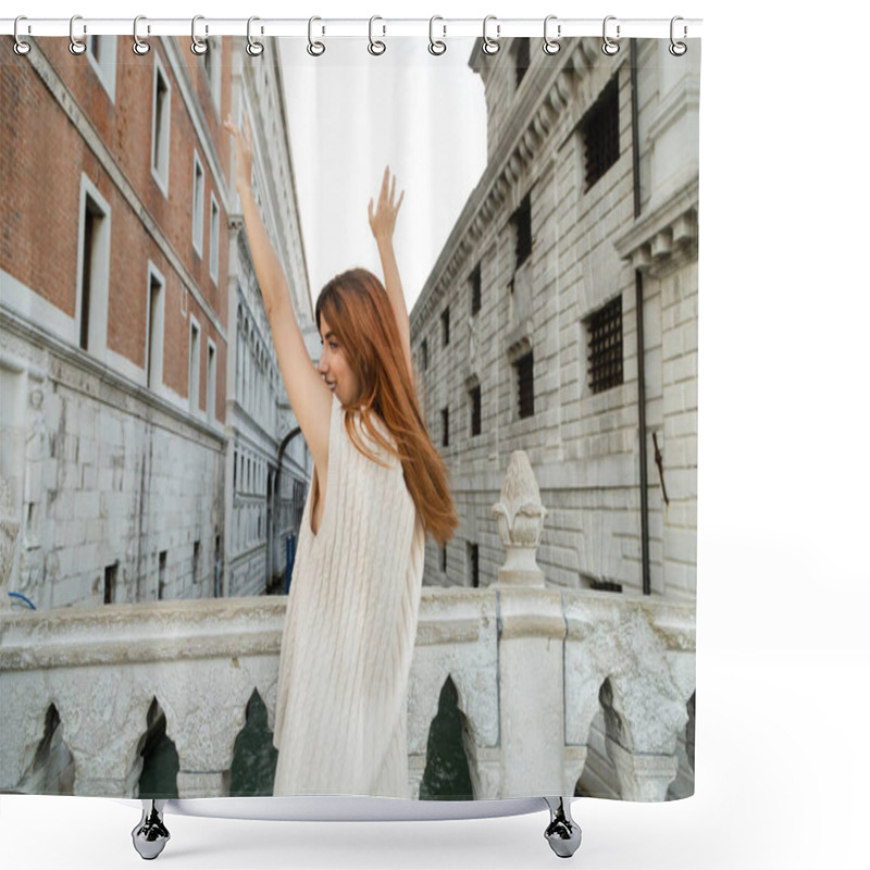 Personality  Cheerful Woman With Raised Hands Standing On Bridge Near Medieval Prison In Venice Shower Curtains