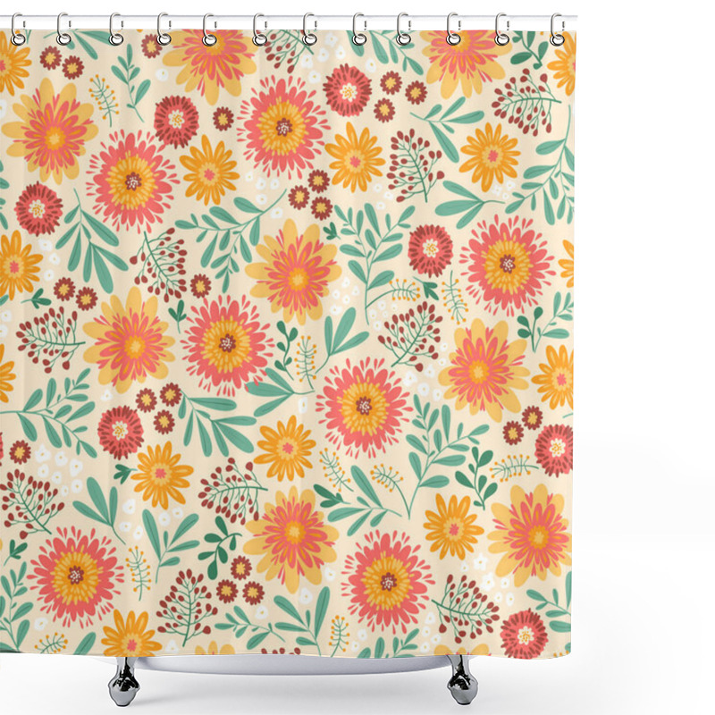 Personality  Glory Of Summer. Botanical Retro Floral Pattern. Seamless Vector Design In Bright Fall Colors. Autumn Flowers In Orange, Yellow, Red Create Colorful Print For Fashion Textile And Home Decor Shower Curtains