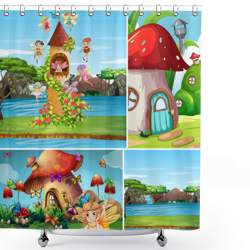 Personality  Four Different Scene Of Fantasy World With Fantasy Character And Fantasy House Illustration Shower Curtains