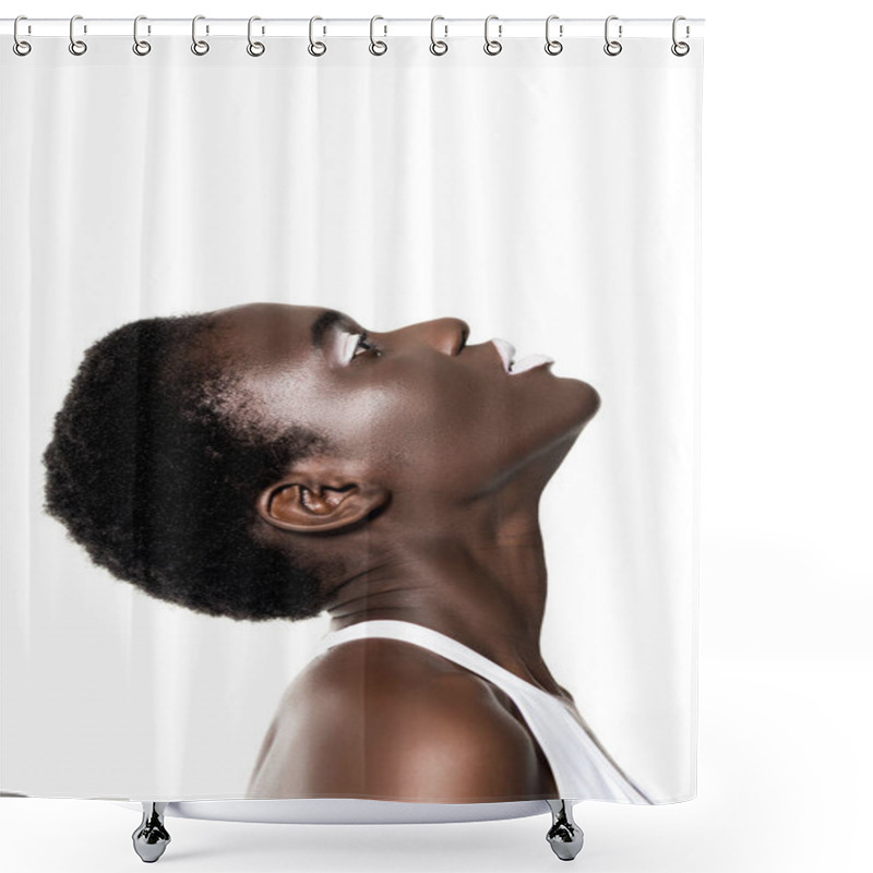 Personality  Side View Of Beautiful Sensual African American Girl With White Lips Looking Up Isolated On White Shower Curtains