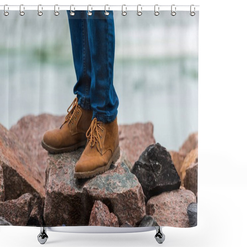 Personality  Man In Stylish Shoes Standing On Rocks Shower Curtains